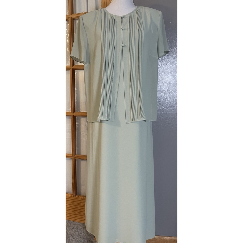 Vtg 90s 2 Piece Outfit Womens 14 Maxi Dress Short Sleeve Sheer Jacket Sage Green